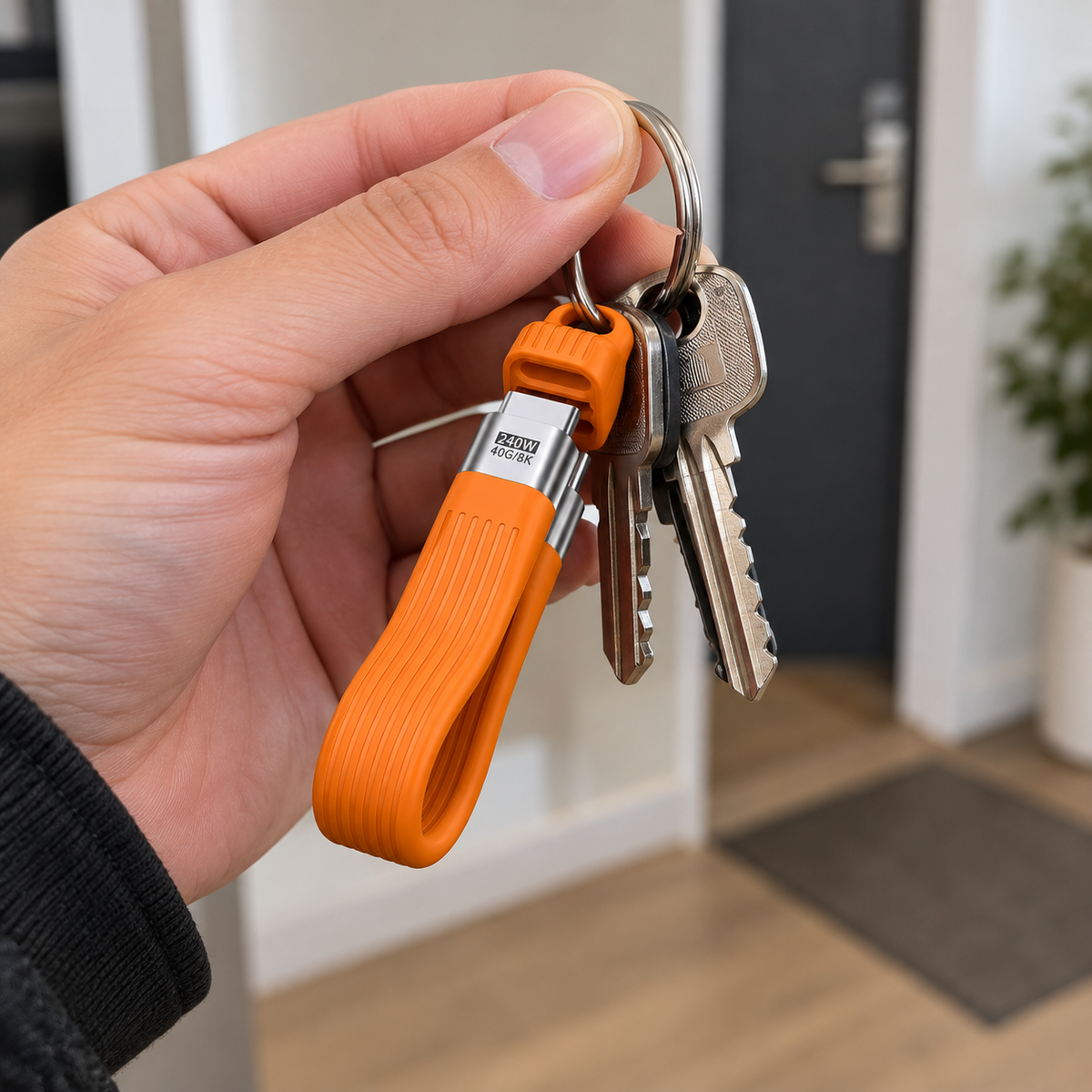 240W USB-C keychain cable clipped to house keys